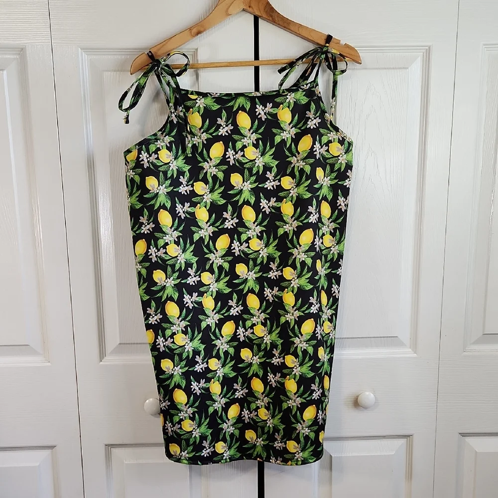 Missguided Black Lemon Print Mini Dress SZ 14 Tropical Tie Bows Vacation Fruit - Picture 2 of 8